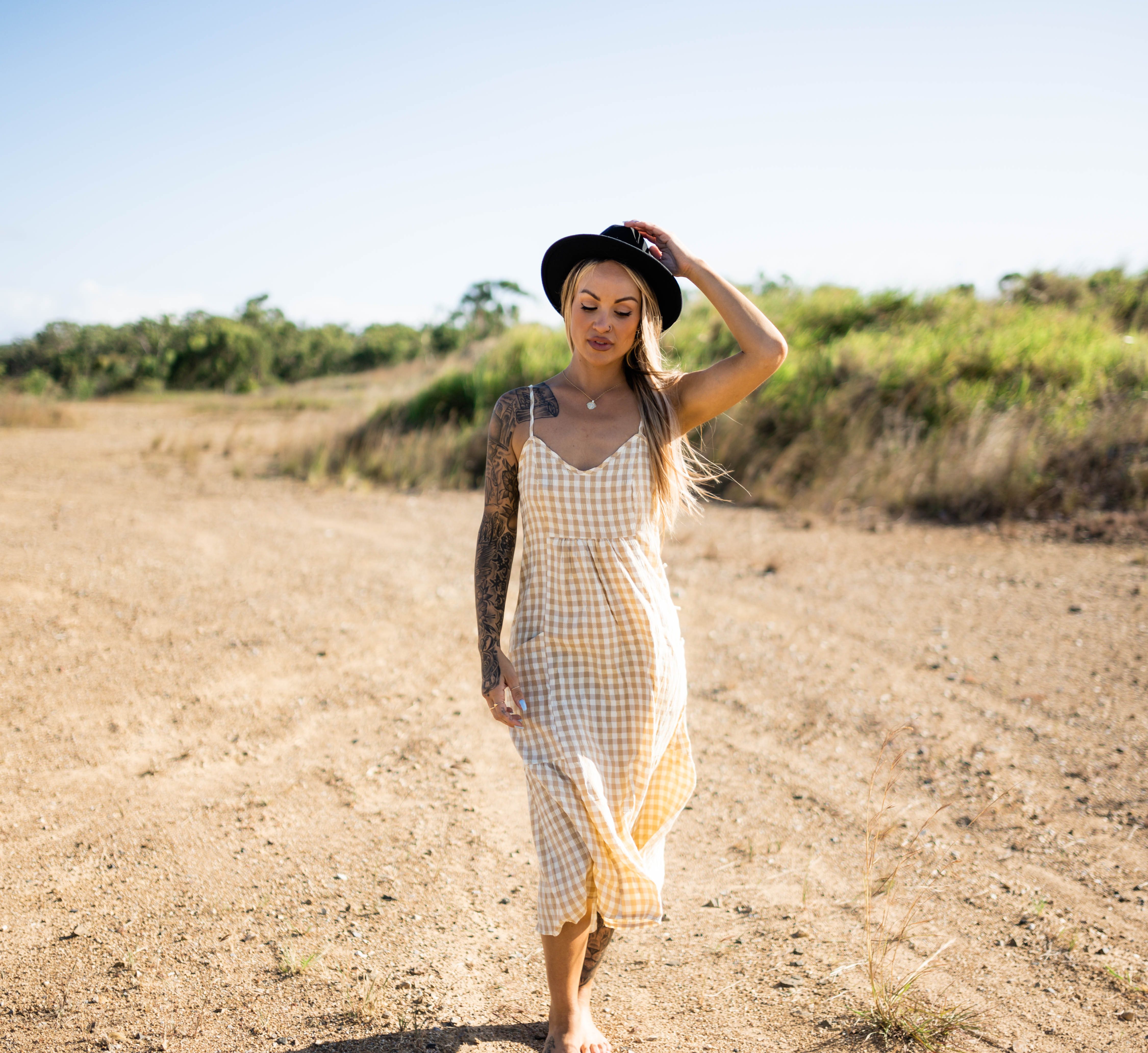 SEVANNA CHECK POCKETED MIDI DRESS - CARAMEL