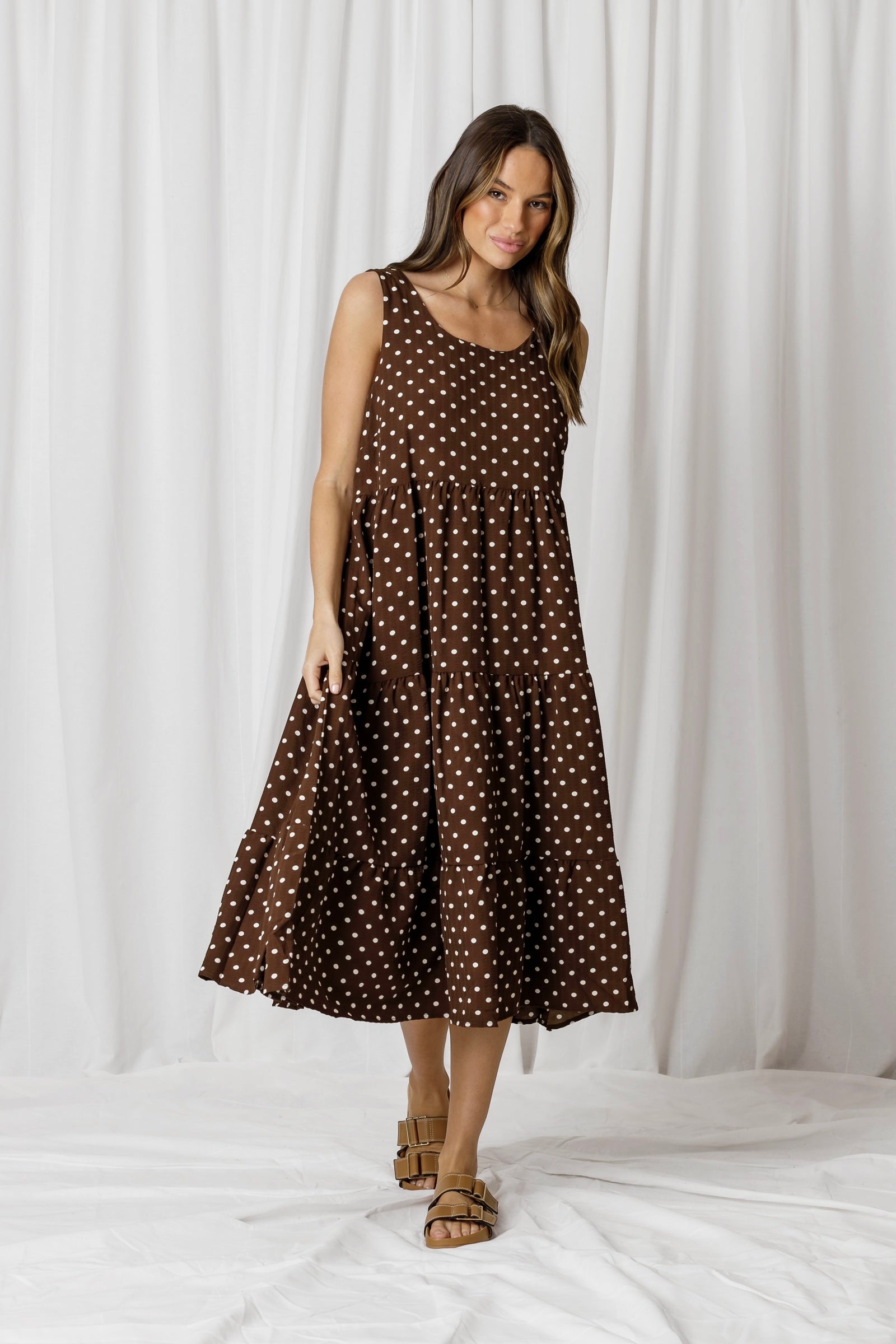 MOLLY POLKA DOT TIERED MIDI DRESS - CHOCOLATE 🐰